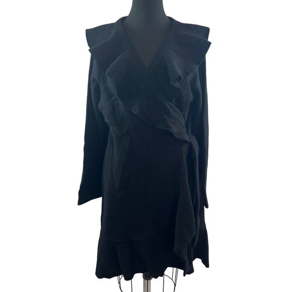 Fenn Wright Manson Black Wrap Cardigan Sweater Wool Knit Ruffle Duster Size 2X - Picture 1 of 8
